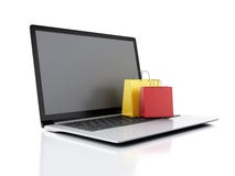 Laptop 3d und bunte Einkaufstaschen Hände mit Kreditkarte auf Computertastatur Lizenzfreies Stockbild Laptop 3d und bunte Einkaufstaschen Hände mit Kreditkarte auf Computertastatur Lizenzfreies Stockbild