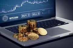 Laptop met Bitcoin-grafiek op scherm onder stapels van Bitcoin royalty-vrije illustratie Laptop met Bitcoin-grafiek op scherm onder stapels van Bitcoin royalty-vrije illustratie
