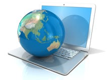 Laptop mit Illustration der Erdkugel, der Asien- und Ozeanien-Ansicht Stockfotografie Laptop mit Illustration der Erdkugel, der Asien- und Ozeanien-Ansicht Stockfotografie