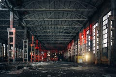Large Empty Abandoned Warehouse Building Or Factory Workshop, Abstract Ruins Background Stock Photo Large Empty Abandoned Warehouse Building Or Factory Workshop, Abstract Ruins Background Stock Photo