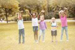 Large group of children poses to camera. School friends. Royalty Free Stock Photo Large group of children poses to camera. School friends. Royalty Free Stock Photo