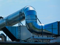 Large Shiny Galvanized Sheet Steel Mechanical Air Duct And Chiller Stock Photo
