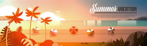 Las bolas tropicales de Palm Beach de la puesta del sol ven el espacio horizontal de la copia de la bandera plana del océano del stock de ilustración Las bolas tropicales de Palm Beach de la puesta del sol ven el espacio horizontal de la copia de la bandera plana del océano del stock de ilustración
