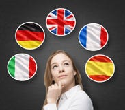 Las burbujas con las banderas de países europeos rodea a la señora hermosa (italiano, alemán, Gran Bretaña, francés, españoles) l Imagen de archivo