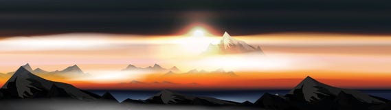 Las montañas sobre las nubes ajardinan en la puesta del sol o Dawn Panorama - ejemplo del vector stock de ilustración Las montañas sobre las nubes ajardinan en la puesta del sol o Dawn Panorama - ejemplo del vector stock de ilustración