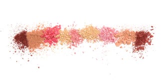 Las muestras de seco se ruborizan, se pulverizan, los bronzers e highlighter dispersados en una línea aislada en un fondo blanco fotos de archivo libres de regalías Las muestras de seco se ruborizan, se pulverizan, los bronzers e highlighter dispersados en una línea aislada en un fondo blanco fotos de archivo libres de regalías