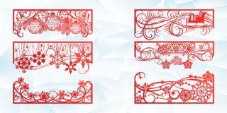 Laser-klippdesign för jul och nytt år Kontursnitt En uppsättning av mallen av hörnet och horisontalbeståndsdelar till stock illustrationer Laser-klippdesign för jul och nytt år Kontursnitt En uppsättning av mallen av hörnet och horisontalbeståndsdelar till stock illustrationer