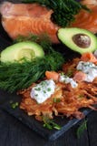 Latkes with cream cheese and salmon Stock Photo Latkes with cream cheese and salmon Stock Photo