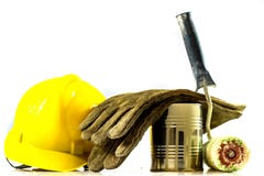 Latta e spazzole della pittura su un fondo bianco CA di riparazione e della pittura immagini stock libere da diritti Latta e spazzole della pittura su un fondo bianco CA di riparazione e della pittura immagini stock libere da diritti