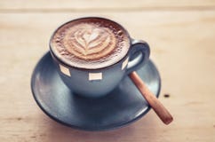 Latte Art, Blue Coffee Cup On Gray Background Royalty Free Stock Images