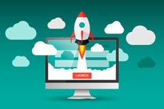Launching app project on desktop computer concept. Rocket fly out of monitor. Start up, business idea isolated on white. Vector Il royalty free illustration Launching app project on desktop computer concept. Rocket fly out of monitor. Start up, business idea isolated on white. Vector Il royalty free illustration