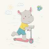 Le beau rhinocéros mignon monte le scooter pour le papillon Jeune rhinocéros habillé Série d'été de la carte des enfants illustration libre de droits Le beau rhinocéros mignon monte le scooter pour le papillon Jeune rhinocéros habillé Série d'été de la carte des enfants illustration libre de droits