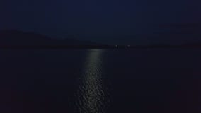 Le bourdon vole au-dessus de la réflexion de lune sur la surface de lac la nuit Le bourdon vole au-dessus de la réflexion de lune sur la surface de lac la nuit