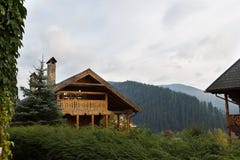 Le case di legno d'annata nel centro turistico ricorrono con gli alberi di betulla, le erbe di autunno e le piante intorno Alpain fotografia stock Le case di legno d'annata nel centro turistico ricorrono con gli alberi di betulla, le erbe di autunno e le piante intorno Alpain fotografia stock