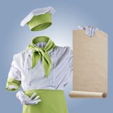 Le chef invisible montre le menu sur un fond bleu photographie stock Le chef invisible montre le menu sur un fond bleu photographie stock