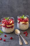 Le chia de lait d'amande sème le pudding, les graines de grenade, les tranches de banane et les feuilles en bon état fraîches sur image libre de droits Le chia de lait d'amande sème le pudding, les graines de grenade, les tranches de banane et les feuilles en bon état fraîches sur image libre de droits