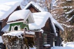 Le conducteur de l'oiseau en bois fait maison en hiver, sous la neige photo stock Le conducteur de l'oiseau en bois fait maison en hiver, sous la neige photo stock
