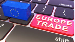Le conteneur bleu avec europen le drapeau Clavier avec le bouton commercial Illustrations du concept 3d illustration libre de droits Le conteneur bleu avec europen le drapeau Clavier avec le bouton commercial Illustrations du concept 3d illustration libre de droits