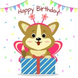 Le corgi de chiot dans un costume de papillon repose et tient une boîte avec un cadeau sur le fond des confettis et des drapeaux illustration stock Le corgi de chiot dans un costume de papillon repose et tient une boîte avec un cadeau sur le fond des confettis et des drapeaux illustration stock