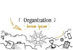 Le croquis de concept d'organisation de direction d'affaires de volant de bateau gribouillent l'espace d'isolement horizontal de illustration libre de droits Le croquis de concept d'organisation de direction d'affaires de volant de bateau gribouillent l'espace d'isolement horizontal de illustration libre de droits