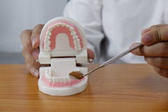 Le dentiste utilisant des outils sur des dents modèlent dans le concept de clinique de bureau dentaire, dentaire et médical denta photo libre de droits Le dentiste utilisant des outils sur des dents modèlent dans le concept de clinique de bureau dentaire, dentaire et médical denta photo libre de droits