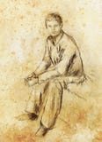 Le dessin se reposant de jeune homme, contact visuel, empaquettent le fond illustration libre de droits Le dessin se reposant de jeune homme, contact visuel, empaquettent le fond illustration libre de droits