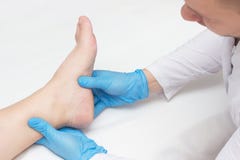 Le docteur examine la jambe du patient avec des dents de talon, douleur dans le pied, fond blanc, fasciitis en gros plan et plant photographie stock libre de droits Le docteur examine la jambe du patient avec des dents de talon, douleur dans le pied, fond blanc, fasciitis en gros plan et plant photographie stock libre de droits