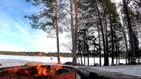 Le feu avec du bois pour le barbecue dans une terre de neige couverte d'arbres et de lac congelé derrière de beau paysage dans banque de vidéos Le feu avec du bois pour le barbecue dans une terre de neige couverte d'arbres et de lac congelé derrière de beau paysage dans banque de vidéos