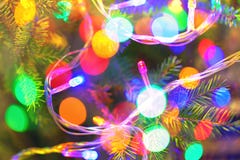 Le fond de l'intérieur a décoré l'arbre de sapin de Noël avec les lumières colorées photographie stock libre de droits Le fond de l'intérieur a décoré l'arbre de sapin de Noël avec les lumières colorées photographie stock libre de droits