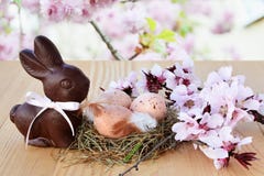 Le fond de Pâques, la carte avec des oeufs de pâques, le lapin de chocolat et le ressort rose se développe Images libres de droits Le fond de Pâques, la carte avec des oeufs de pâques, le lapin de chocolat et le ressort rose se développe Images libres de droits