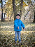Le garçon heureux jette des feuilles en parc d'automne photographie stock Le garçon heureux jette des feuilles en parc d'automne photographie stock