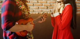 Le giovani coppie celebrano il Natale con le ukulele immagini stock libere da diritti Le giovani coppie celebrano il Natale con le ukulele immagini stock libere da diritti