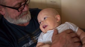 Le grand-père tient un petit petit-fils Un homme plus âgé avec une barbe grise et un petit garçon d'un an banque de vidéos Le grand-père tient un petit petit-fils Un homme plus âgé avec une barbe grise et un petit garçon d'un an banque de vidéos
