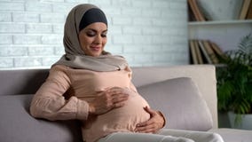 Le gravid kvinnainnehavbuken som vilar på den hem- soffan, moderskaplycka arkivfoto Le gravid kvinnainnehavbuken som vilar på den hem- soffan, moderskaplycka arkivfoto