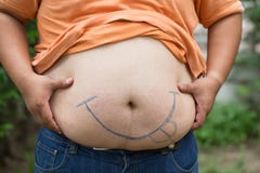 Le gros homme a utilisé la main pour le contrôle son poids Image stock Le gros homme a utilisé la main pour le contrôle son poids Image stock