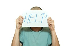 Le jeune homme déprimé souffrant de l'inquiétude et l'aide malheureuse se sentante de participation se connectent le papier dans image stock Le jeune homme déprimé souffrant de l'inquiétude et l'aide malheureuse se sentante de participation se connectent le papier dans image stock