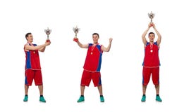Le jeune sportif avec la tasse d'isolement sur le blanc photo stock Le jeune sportif avec la tasse d'isolement sur le blanc photo stock