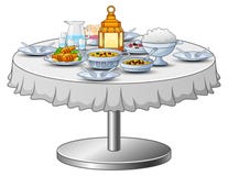 Le menu délicieux pour la partie iftar sont sur la table illustration de vecteur Le menu délicieux pour la partie iftar sont sur la table illustration de vecteur