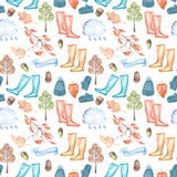 Le modèle sans couture avec l'automne d'aquarelle objecte le chapeau et les mitaines chaudes, les bottes en caoutchouc, le nuage illustration libre de droits Le modèle sans couture avec l'automne d'aquarelle objecte le chapeau et les mitaines chaudes, les bottes en caoutchouc, le nuage illustration libre de droits