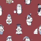 Le modèle sans couture avec les pingouins drôles de bébé portant le divers hiver vêtx sur le fond rouge Contexte avec la bande de Image libre de droits Le modèle sans couture avec les pingouins drôles de bébé portant le divers hiver vêtx sur le fond rouge Contexte avec la bande de Image libre de droits