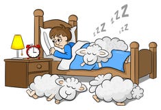 Le pecore cadono addormentato sul letto di un uomo insonne illustrazione vettoriale Le pecore cadono addormentato sul letto di un uomo insonne illustrazione vettoriale