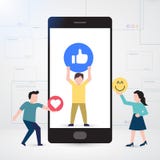 Le petit caractère de personnes a décoré le smartphone sur le media social illustration libre de droits Le petit caractère de personnes a décoré le smartphone sur le media social illustration libre de droits