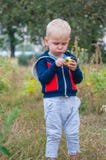 Le petit garçon mignon mange la pomme juteuse rouge dans un jardin dans le village image stock Le petit garçon mignon mange la pomme juteuse rouge dans un jardin dans le village image stock