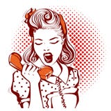 Le portrait de la femme fâchée dans le rétro style vêtx parler sur le pH illustration stock Le portrait de la femme fâchée dans le rétro style vêtx parler sur le pH illustration stock