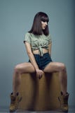 Le portrait de la haute de port de jeune modèle aux cheveux foncés magnifique waisted les shorts bleu-foncé de jeans, la chemise photographie stock Le portrait de la haute de port de jeune modèle aux cheveux foncés magnifique waisted les shorts bleu-foncé de jeans, la chemise photographie stock