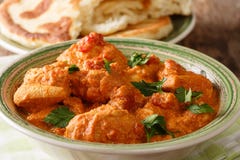 Le poulet chaud délicieux de Karhai d'Indien dans un plan rapproché épicé de sauce a servi avec du pain naan frais horizontal photo stock Le poulet chaud délicieux de Karhai d'Indien dans un plan rapproché épicé de sauce a servi avec du pain naan frais horizontal photo stock