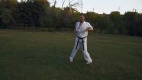 Le praticien de karaté qu'un homme dans le kimono blanc fait le gymnase qigong exécute le kata pendant le matin à la clairière en banque de vidéos Le praticien de karaté qu'un homme dans le kimono blanc fait le gymnase qigong exécute le kata pendant le matin à la clairière en banque de vidéos