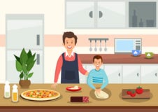 Le père de bande dessinée aide le fils à malaxer la pâte pour la pizza illustration de vecteur Le père de bande dessinée aide le fils à malaxer la pâte pour la pizza illustration de vecteur
