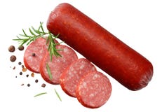 Le salami a fumé la saucisse avec les tranches, le romarin et les grains de poivre d'isolement sur le fond blanc Vue sup?rieure photo stock Le salami a fumé la saucisse avec les tranches, le romarin et les grains de poivre d'isolement sur le fond blanc Vue sup?rieure photo stock