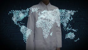 Le scientifique féminin, ingénieur touchant l'icône sociale de personnes, fait la carte globale du monde, Internet des choses Tec illustration stock Le scientifique féminin, ingénieur touchant l'icône sociale de personnes, fait la carte globale du monde, Internet des choses Tec illustration stock